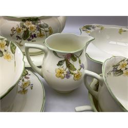 Royal Doulton April pattern tea set, comprising teapot, ten teacups and ten saucers, six side plates, milk jug, open sucrier, six dishes, and bowl 