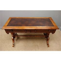  Mid 19th century mahogany library table, rectangular top with inset leather, two drawers, turned pillars joined by a single stretcher, splayed supports on castors, W124cm, H78cm, D58cm  