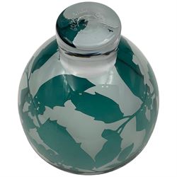 Gillies Jones of Rosedale glass bowl decorated with green foliage with red rim,  upon a short clear tapering foot, signed to base, H13cm D15.5cm