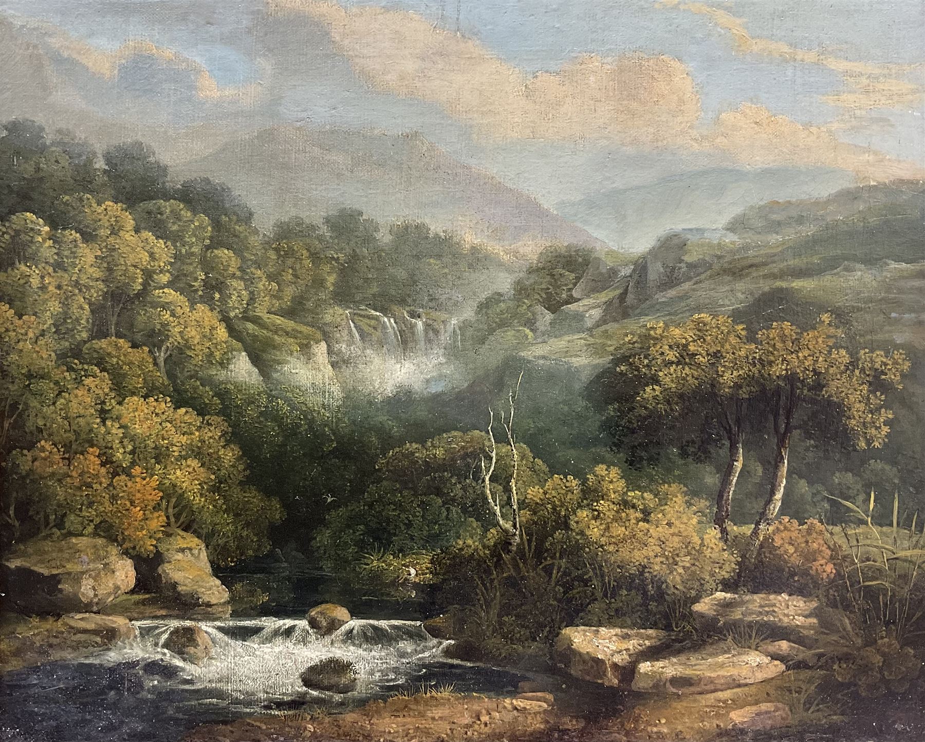 Circle of Julius Caesar Ibbetson (British 1759-1817): Lakeland Waterfall, oil on canvas unsigned 34cm x 42cm