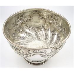 Edwardian silver rose bowl, the part fluted bowl embossed with acanthus leaves, flower heads and C scrolls and personally engraving 'S.S Rievaulx Abbey - Built By - Earle's Shipbuilding & Engineering Co Ltd - For The - Hull & Netherlands Steamship Co. Limited Launched December 23rd 1907', upon a spreading circular foot, hallmarked F Boyton & Co, London 1905, H14.5cm, D20.5cm, approximate weight 17.34 ozt (539.6 grams)