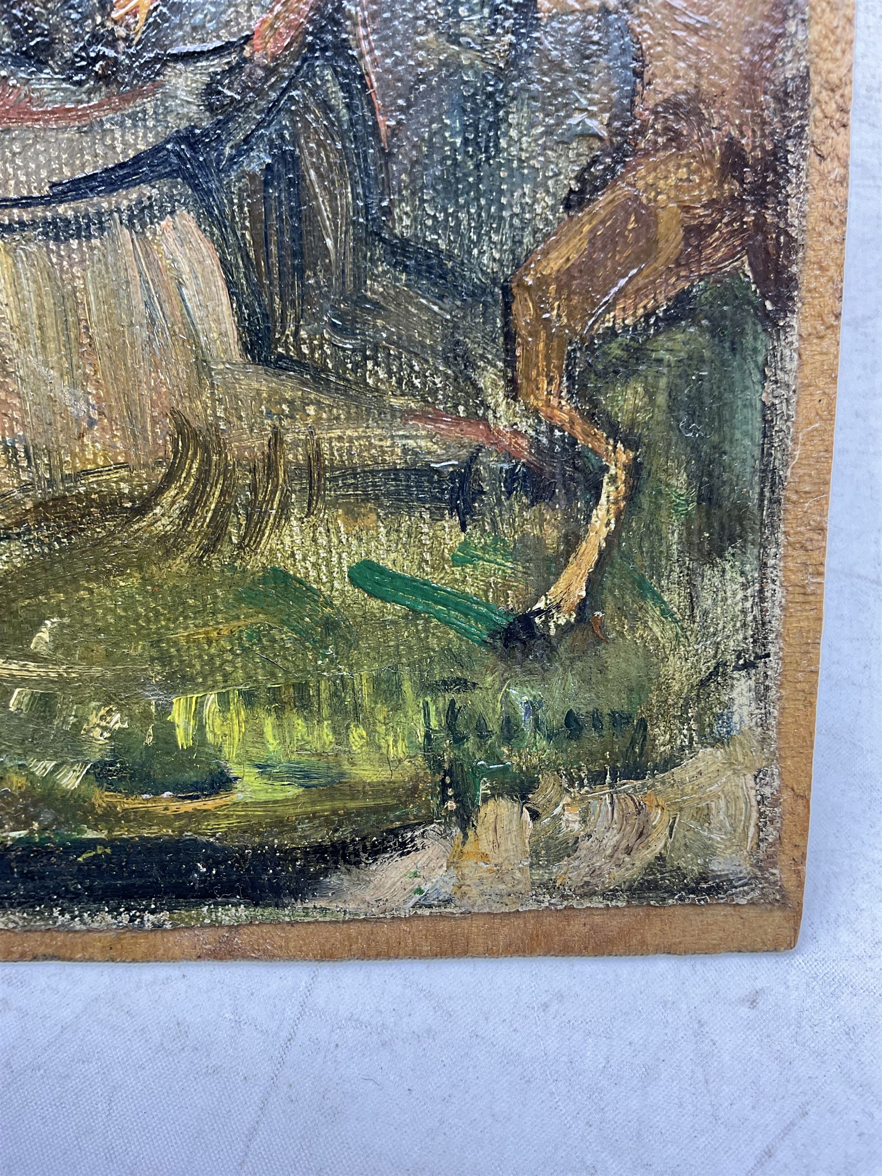 Circle of Ker-Xavier Roussel (French 1867-1944): Fauns in the Forest, oil on canvas laid on to panel indistinctly signed 22cm x 16cm (unframed)