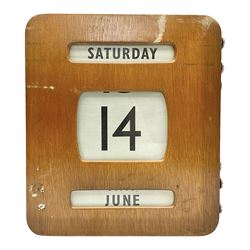 Wooden wall mounted perpetual calendar with printed rollers and chrome plated knobs to side, H30cm W27cm