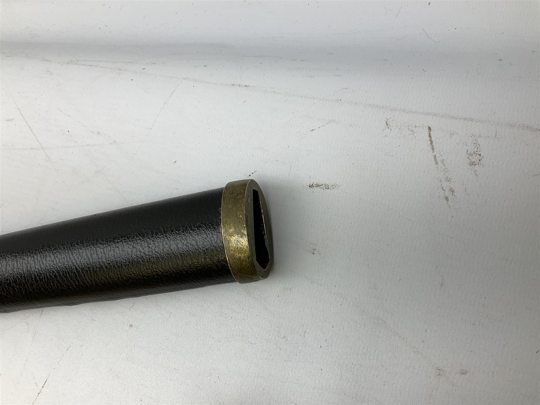 Three reproduction swords - Japanese katana and saya; Tai Chi sword with ornate scabbard; and dress sword with fullered triangular blade and horn handle (3)