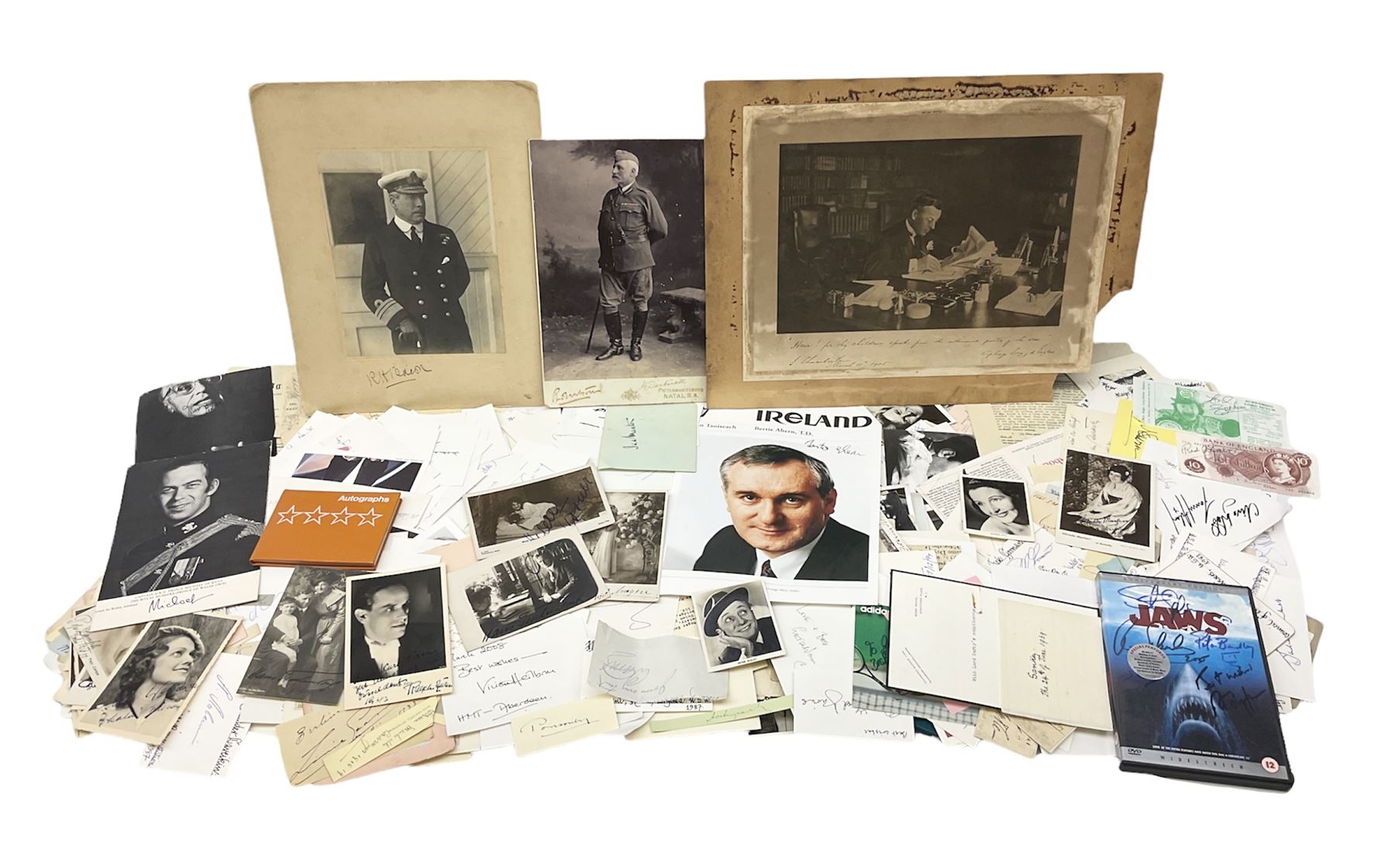 Collection of approximately  500 autographs, signed cards, signed letters, signed photographs etc from famous individuals including Sidney Godolphin, Berkeley Guise, Marquess of Salisbury (Prime Minister), Harold Wilson, Howard Macmillan, Edward Heath, Tony Blair, Prince Richard, Duke of Gloucester & Brigitte, Duchess of Gloucester, Prince Michael of Kent, Golda Meir, Kurt Waldheim, Peter Fraser, Robert Menzies, Hartley Shawcross, David Steel, Enoch Powell, Michael Foot, Denis Healey, Leon Brittan, David Owen, Neil Kinnock, Willie Whitelaw, Manny Shinwell, Norman Tebbit, Geoffrey Howe, Paddy Ashdown, Leslie Hore-Belisha, Samuel Hoare, Margaret Beckett, Michael Heseltine, Oswald Stool, Philip Ben Greet, Charles Santley, Joseph O'Mara, Ada Crossley, Ben Davies, Rutland Barrington, Evelyn Glennie, Moira Shearer, Brian Close, Steffi Graf, John Virgo, Daley Thompson, Brian Lara, Frank Bruno, Steven Spielberg, George Cukor, Leni Riefenstahl, Orson Welles, Paul Newman, Joe E.Brown, Charlton Heston, John Gielgud, Eric Sykes, Caroline Blakiston, Mercedes Ruehl, Beatie Edney, Joseph Cotton, Rula Lenska, Roy Hudd, Caroline Quentin, Ned Sherrin, Tony Britton, Lesley Joseph, Nigel Havers, Rory Bremner, Geraldine James, Clive Anderson, MyAnna Buring, Elkie Brooks, Alan Bennett, Gavin Ewart, Dean Koontz, Red Adair, Viv Nicholson, Gerald Scarfe, Screaming Lord Sutch, Maria von Trapp, Annie Besant, Reginal Bacon etc 