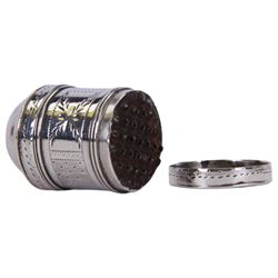 George III silver nutmeg grater, of cylindrical form with pull off cap and base, engraved with a foliate band, hallmarked Samuel Pemberton, Birmingham 1790, H3cm