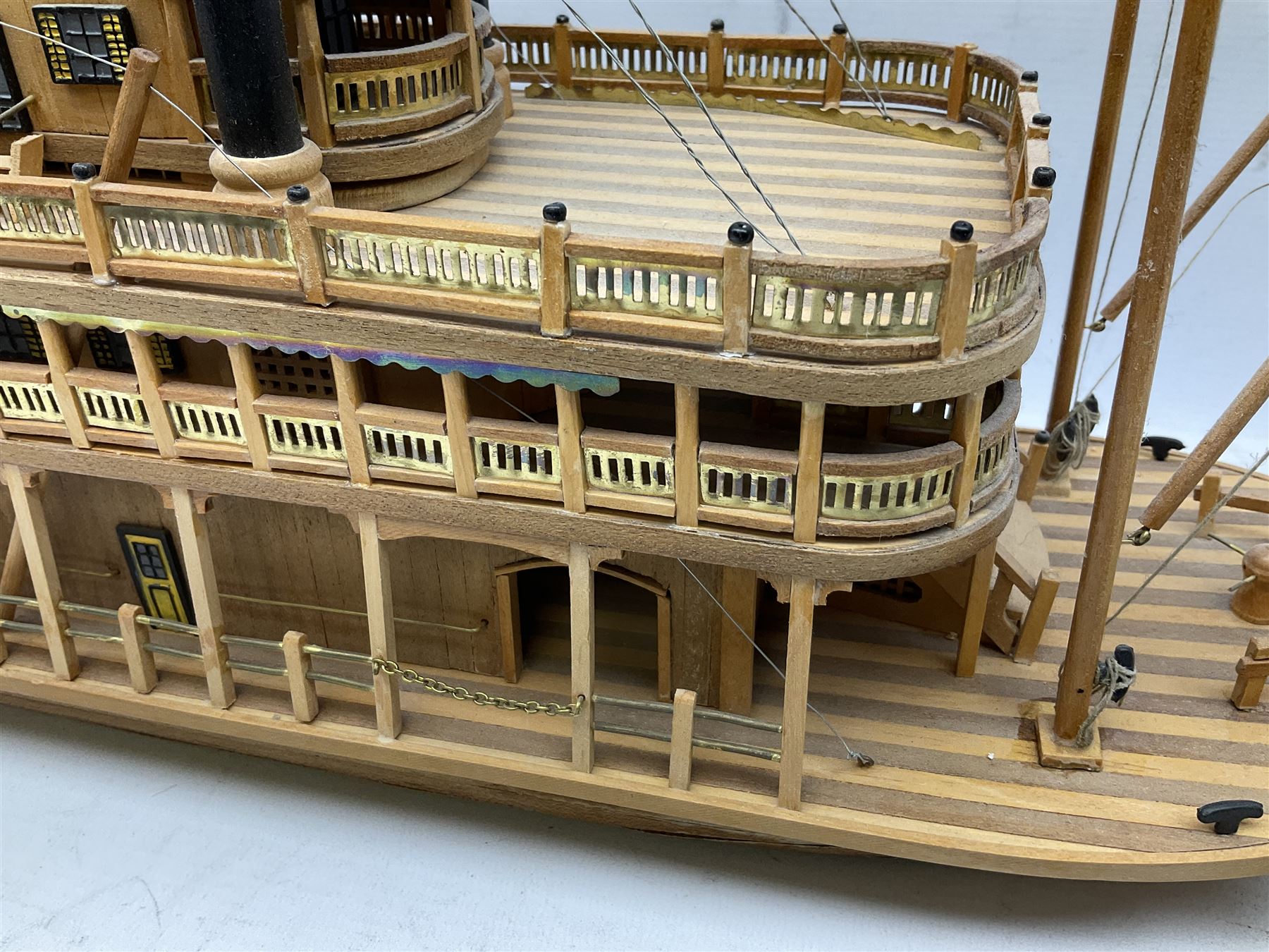Hand built model of a river paddle steamer 'King of the Mississippi' and a sailing ship with three masts and unfurled sails, largest example H80cm, L101cm