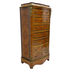 Mid-20th century Louis XVI design Kingwood and walnut secretaire à Abattant, shaped serpentine form with dark rouge variegated marble top, the fall front disguised as three drawers enclosing birdseye maple interior with shelf, drawers and writing surface, four functioning drawers below, decorated with cast gilt metal mouldings and mask cartouches, on skirted base with egg and dart moulded gilt metal edge