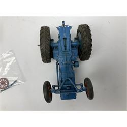 Chad Valley clockwork Fordson Major Tractor, a group of play worn Britains and other lead and metal farm animals, figures and accessories including a kennel, haystacks, dovecote, cows, sheep etc, together with a diecast model of a Tandem Bike L31cm