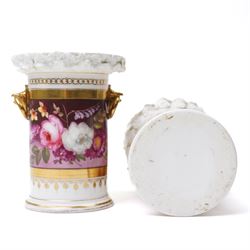Pair of 19th century spill vases, the rim with encrusted decoration, the central band hand-painted with flowers on a claret ground, unmarked but in the manner of Coalport, H11cm 