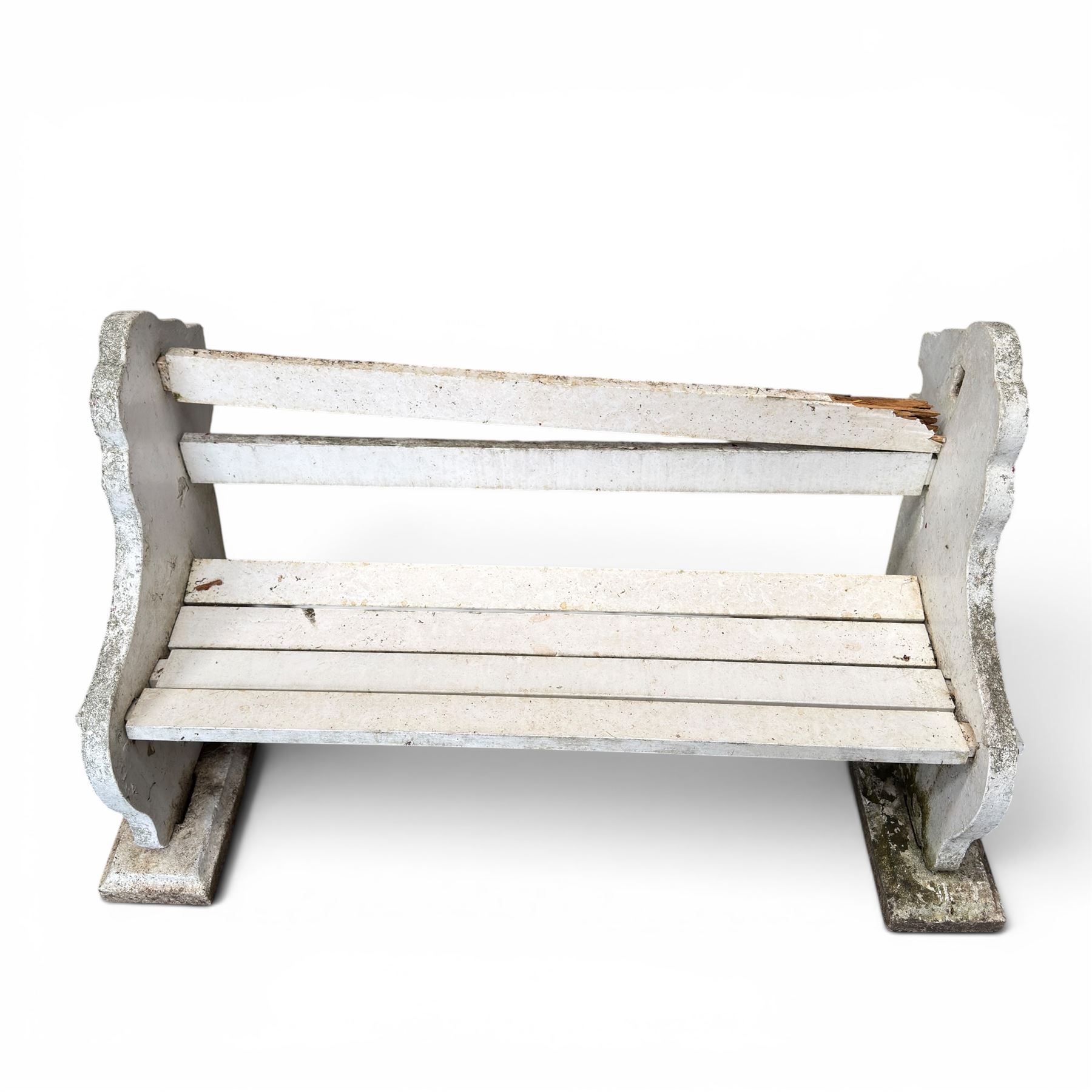 Composite stone white painted garden lion bench, the end supports in the form of standing lions, with pegged back and seat slats