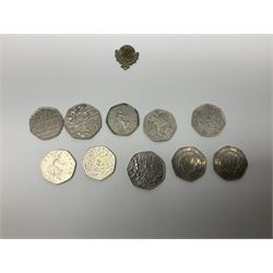 Great British and World coins, including pre decimal pennies and other denominations, Queen Elizabeth II commemorative and other fifty pence pieces, commemorative crowns, small number of United States of America coins, vintage tins and purses/pouches etc