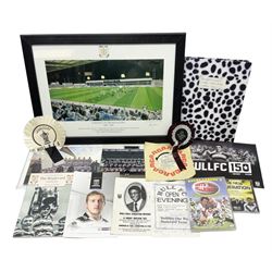 Hull F.C. memorabilia; Clive Sullivan 1986 memorial game programme, Open Evening 1994 programme with multiple player signatures, 'Old Faithful' 45rpm record, Wembley rosettes, 2000 team poster with facsimile signatures, framed print 'Farewell to the Boulevard 1895-2002', fully signed team photograph, various booklets, CD, DVD etc; and a folder containing the Merlin Rugby League card collection