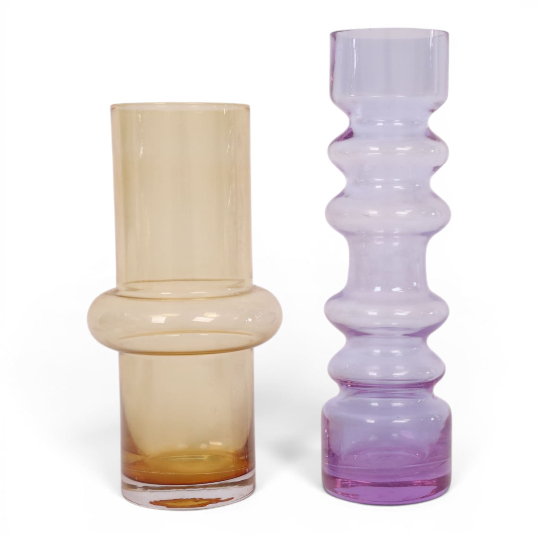 Mid-century Bo Bergstrom style bubble vase, in lilac tones, together with another similar in yellow tones, H24cm
