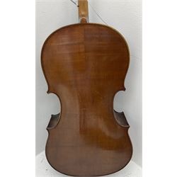 German Saxony three-quarter size cello for restoration, c1920, with 69cm two-piece maple back and ribs and two-piece spruce top, L111cm overall; with bow and canvas carrying case