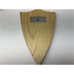 Five wooden shield plaques for mounting taxidermy of various sizes, largest H67cm, D51cm. 