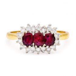 18ct gold ruby and diamond cluster ring, three oval cut rubies surrounded by eighteen sing...