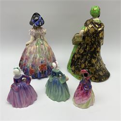 A group of Royal Doulton figures, comprising Easter Day HN2039, The Paisley Shawl M4, Janet M69, Janet M75, Spring Morning HN1922, together with a Plant Ceramics figure, Sweet Nell. 