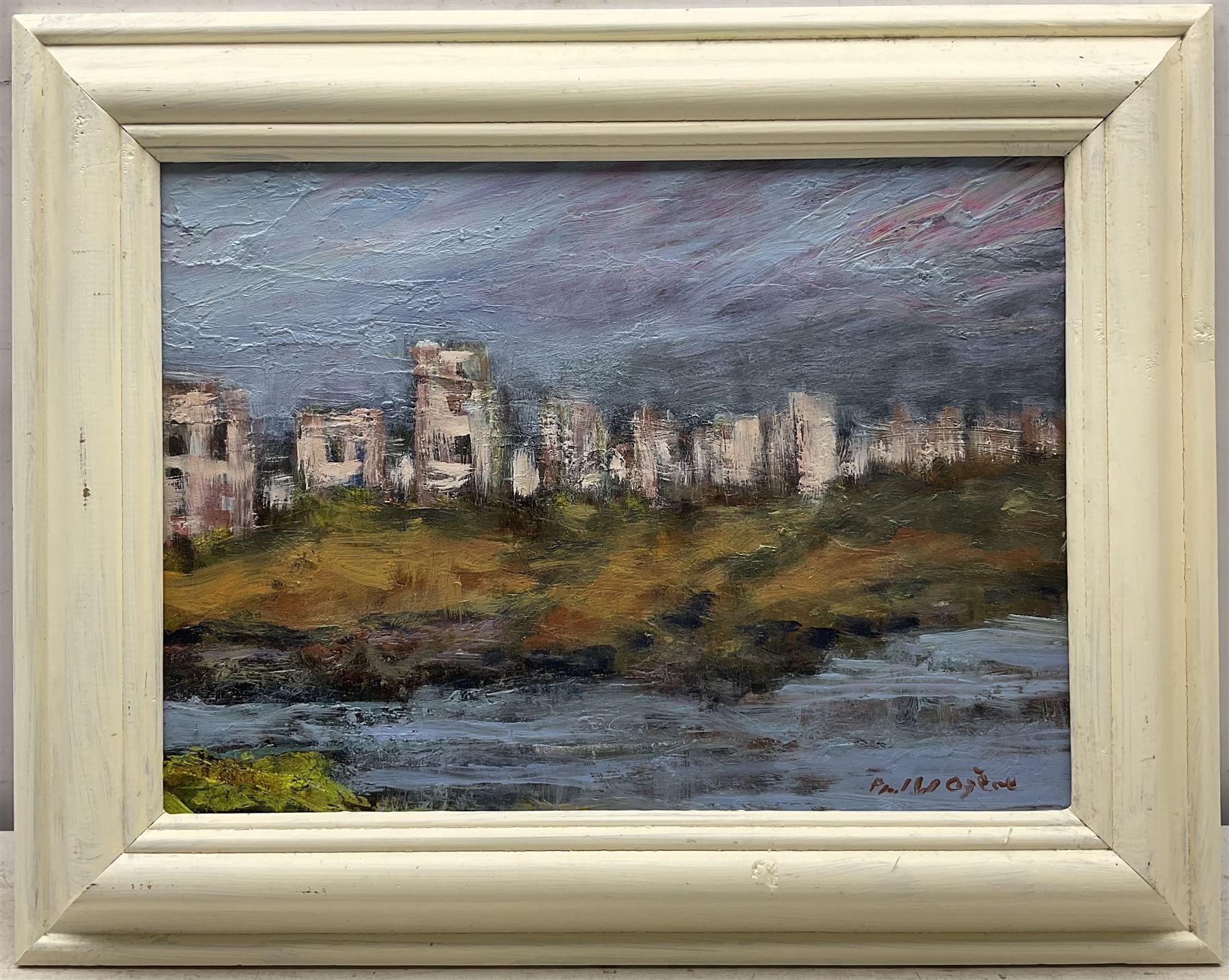 Paul W Ozere (Cornish 20th century):  Adam and Eve, Bathers, View Towards the City, Breaking the Bank, Beneath the Wave and Watcher, six oils on canvas signed max 39cm x 39cm (6)