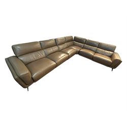 San Antonio six-seat corner reclining sofa, upholstered in pecan leather, modular design with battery-operated reclining function, supportive backrests and deep seat cushions, on chrome supports