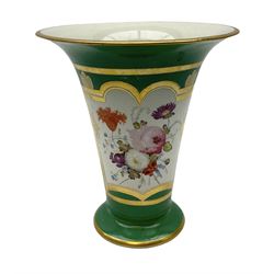 19th century Davenport vase of trumpet form, painted with a central reserve of blooming flowers surrounded by the green ground decorated with gilt, stamped mark beneath, H15cm