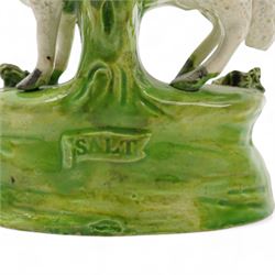 Early 19th century Staffordshire pearlware group by Ralph Salt, modelled as a sheep and lamb before a flowering bocage, impressed 'Salt' verso, H16cm, pair of similar Staffordshire pearlware sheep and ram and poodle group, numbered 198 beneath, with 'Max Bilbe Collection' label (4)