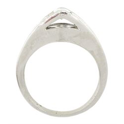 Platinum diamond ring, the marquise cut diamond of approx 0.45 carat, raised above channel set, princess and baguette cut diamond band, stamped PT950, total diamond weight approx 1.00 carat