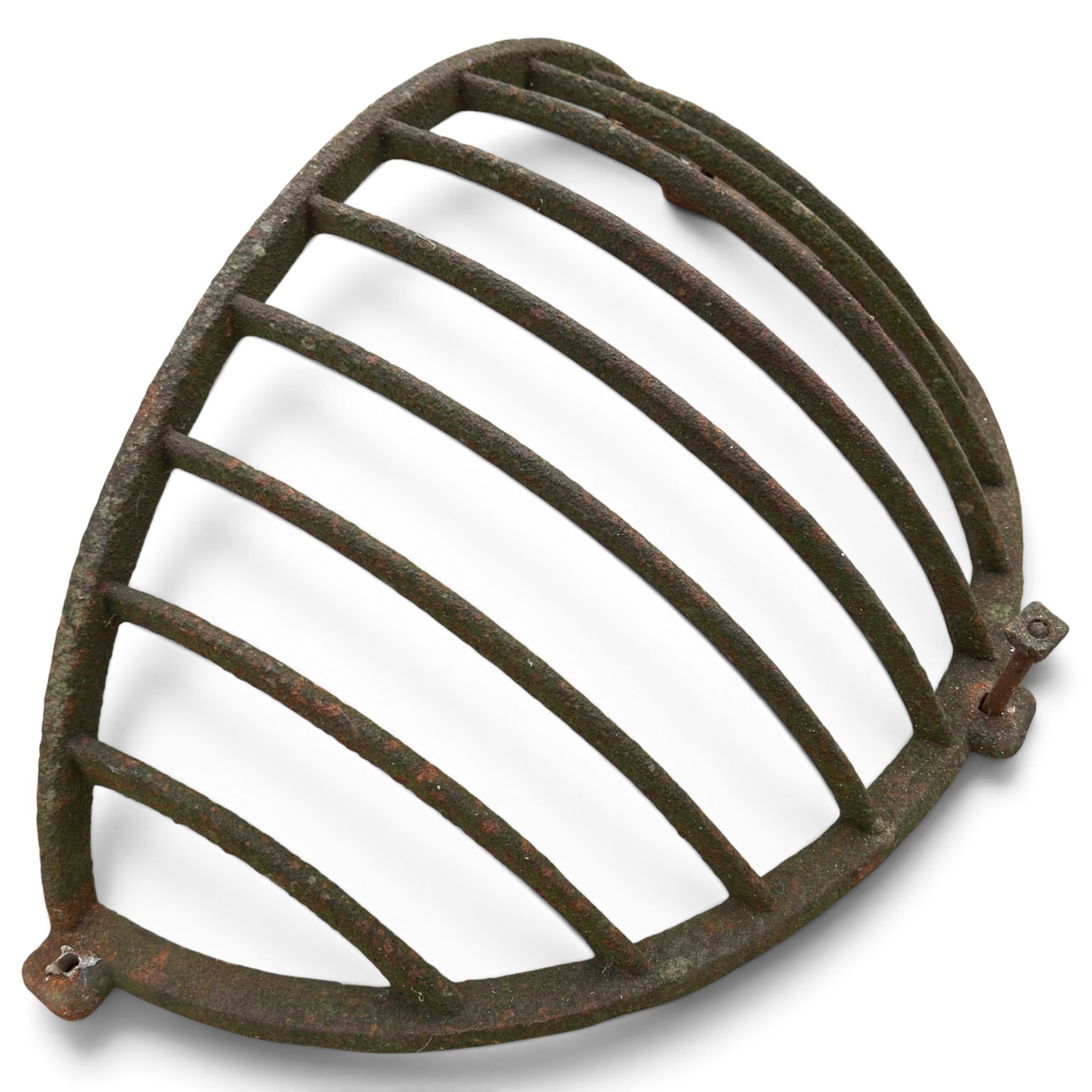 Victorian wrought iron wall-mounted stable hay rack of bowed cage form, with curved bars and fixing lugs