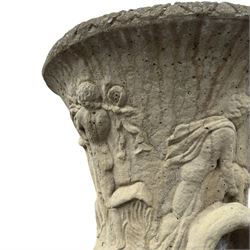 Greek design cast stone garden centre-piece urn, decorated with figures and loop handles, raised on squat pedestal, square base