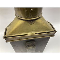 Large brass maritime lamp by Griffiths & Sons Birmingham with swing handle, threaded mounting bracket and associated oil burner, H41cm excluding handle