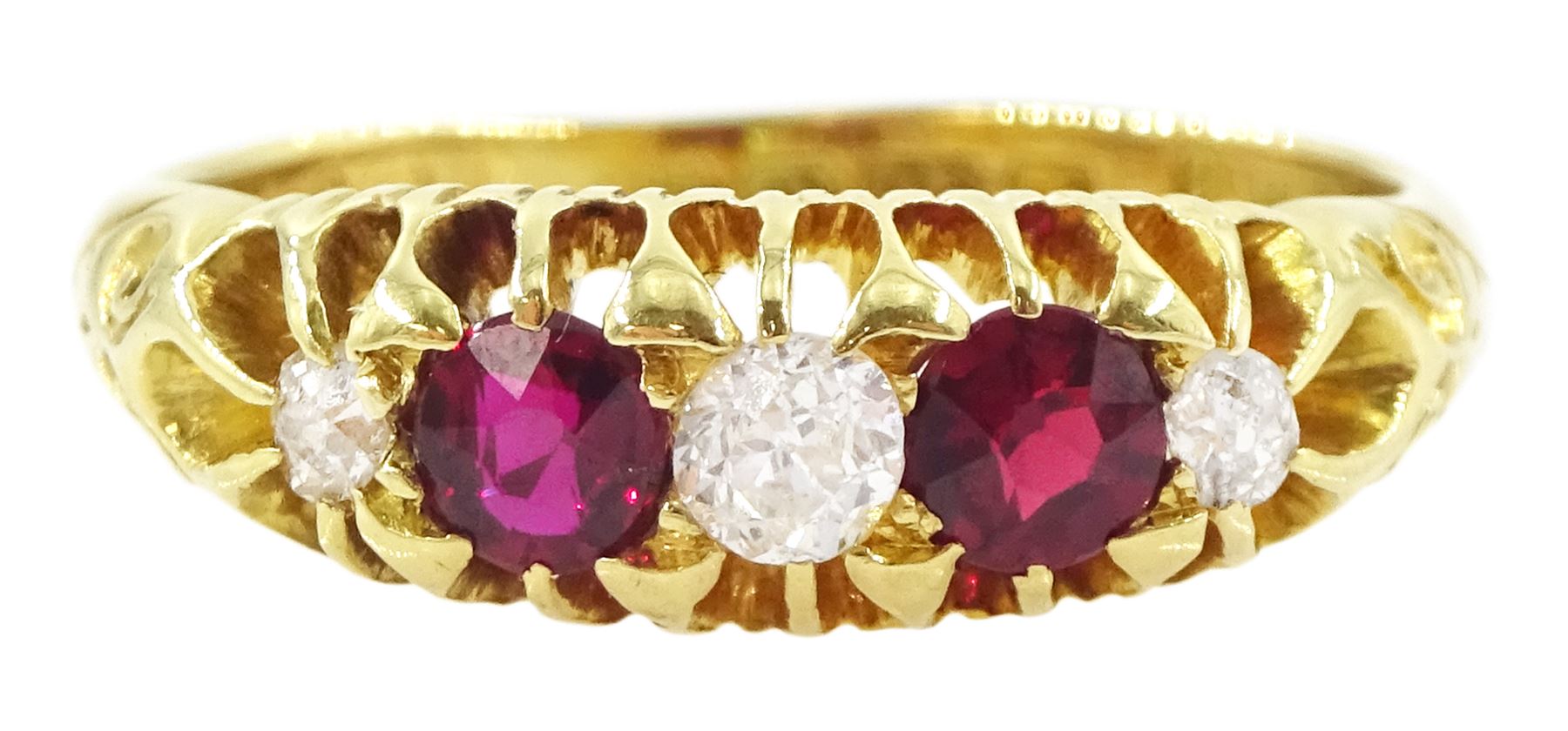 Edwardian 18ct gold five stone ruby and old cut diamond ring, Birmingham 1902, total ruby weight 0.40 carat, total diamond weight approx 0.20 carat