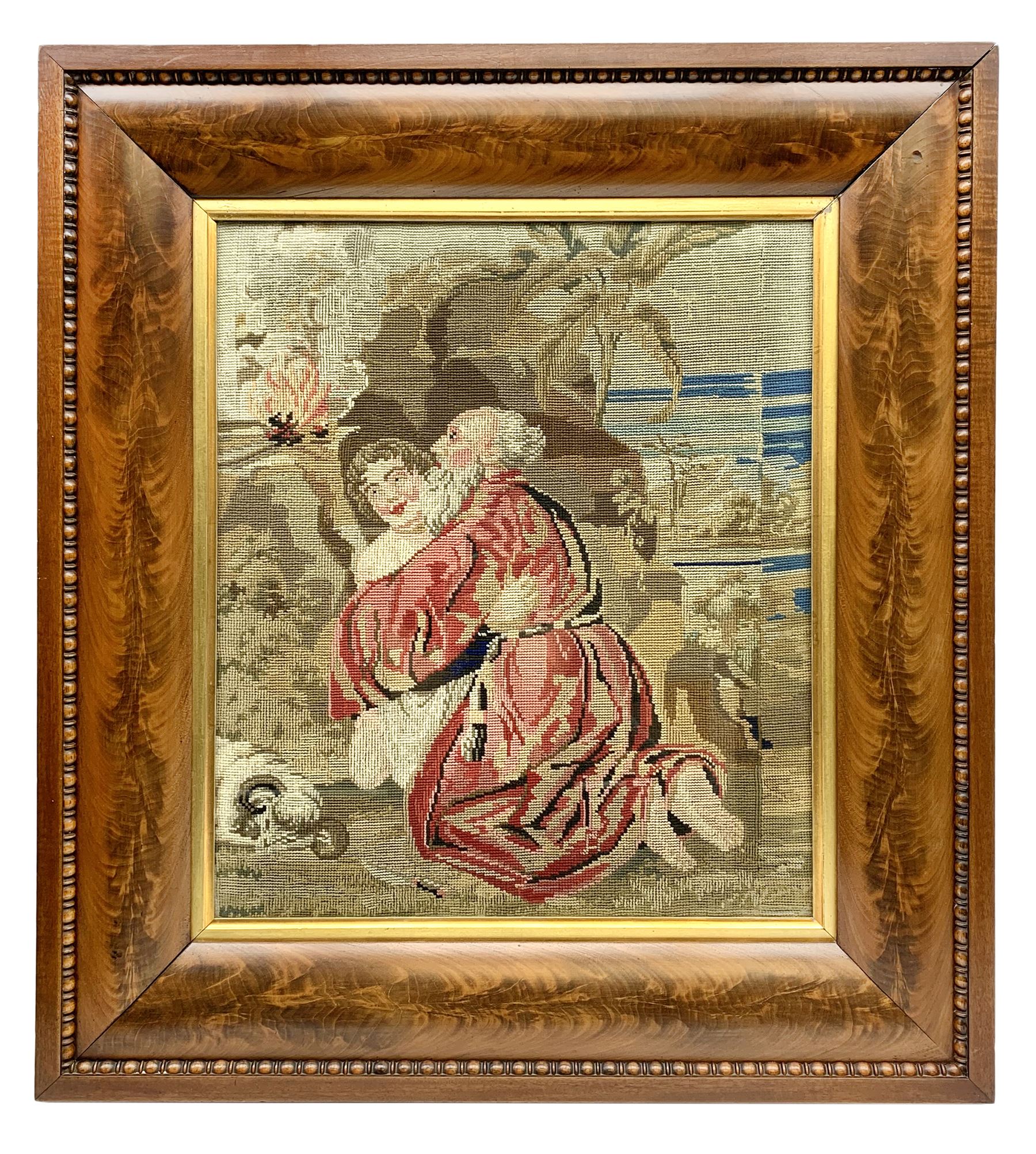 FRAMES - Victorian figured mahogany frame, with egg and dart edging and a gilt slip, containing a Berlin woolwork picture depicting Abraham and Isaac, H78cm W69.5cm