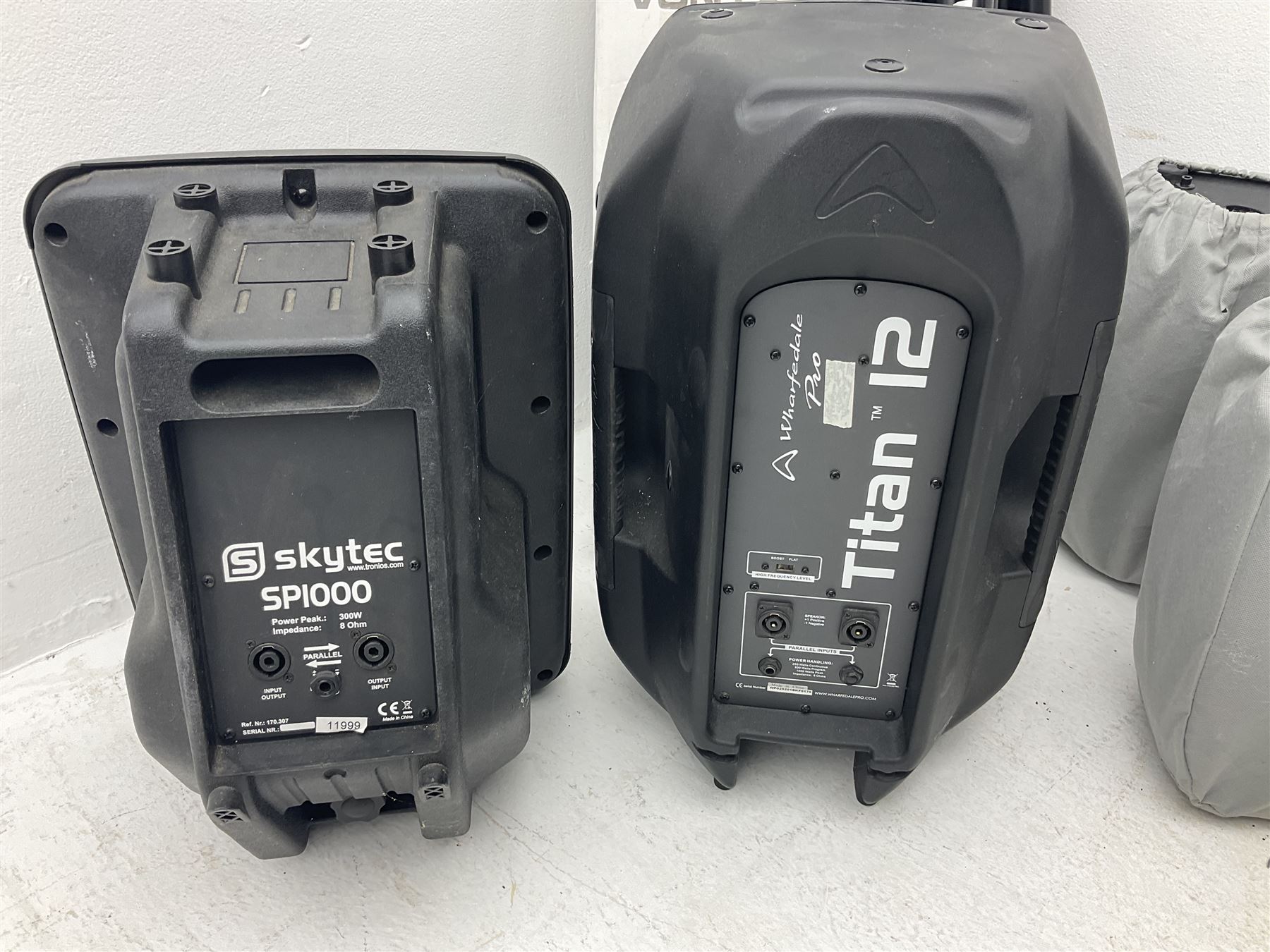 Wharfedale Pro Titan 12 speaker, pair of Wharfedale pro titan 8 speakers, Skytec SP1000 speaker, img stage line PAB-110 MK2 speaker and five speaker stands of various sizes (10)