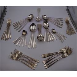 Mid 20th century silver Pride pattern cutlery, to include six table spoons, twelve dessert spoons, twelve soup spoons, twelve table forks, twelve dessert forks and twelve teaspoons, all hallmarked Walker & Hall, Sheffield 1958 