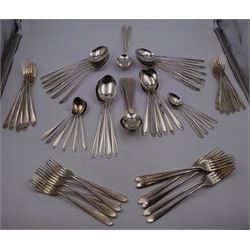 Mid 20th century silver Pride pattern cutlery, to include six table spoons, twelve dessert spoons, twelve soup spoons, twelve table forks, twelve dessert forks and twelve teaspoons, all hallmarked Walker & Hall, Sheffield 1958 