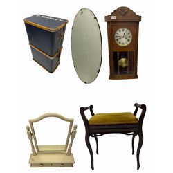 Oak wall clock, piano stool, suitcase, frameless mirror and painted mirror (5)