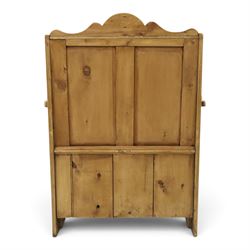 Victorian waxed pine settle or hall bench, shaped cresting rail over double panelled back, outswept arms on hinged box-seat, on end supports
