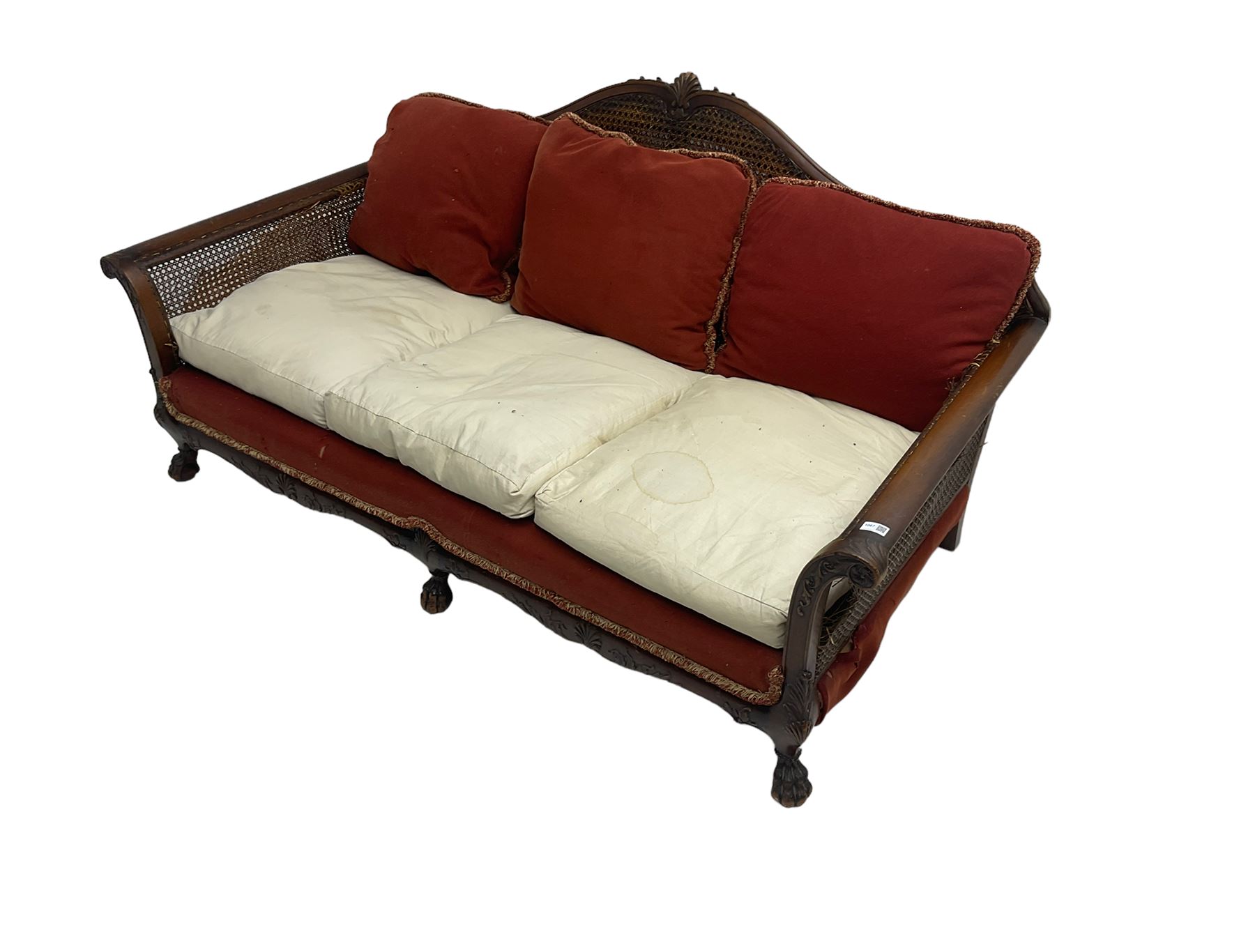 Early 20th century bergère three seat settee, shaped shell carved cresting rail, double caned back and sides, scrolled upright arms and shaped apron carved with shell and foliage, on hairy paw carved feet