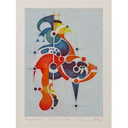 Hans-Joachim 'Jockel' Reisner (German 1938-2023): 'Arche Noah' and Geometric Abstract, pair of coloured etchings signed and dated 1998 and 2003, one titled in pencil 22cm x 15.5cm (2)
Notes: Reisner is best known for creating the Bradford City Fire Memorial in 1986. His style of printmaking is characterised by geometric lines and shapes, influenced by his degree in engineering.