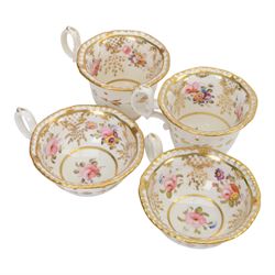 H&R Daniel, pair of trios, coffee cup, teacup and a saucer, circa 1826
pattern 4057, 'Second Gadroon Variation A', painted with fine foliate sprays and gilt hatched reserves, coffee cup including handle H8cm, saucer D14cm