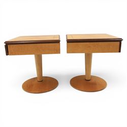 Art Deco style pair of walnut bedside tables, quarter matched veneered tops with crossbanded borders, fitted with single frieze drawers with chrome handles, on circular pedestal supports