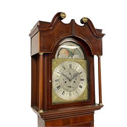 Pattison of Halifax - Late 18th century mahogany 8-day longcase clock, With a swans necked pediment and brass patera, recessed break arch hood door beneath flanked by plain turned pilasters with brass capitals, trunk with satinwood inlay, reeded columns and a curved top door with an ivory escutcheon, conforming plinth raised on bracket feet, brass dial with a rolling moon to the arch, cast spandrels , engraved and silvered dial centre  and chapter ring, chapter with Roman numerals, five minute Arabic's and minute markers, makers name to the dial centre with seconds and date work, dial pinned to a rack striking movement, striking the hours on a cast bell. With weights and pendulum. John Pattison is recorded as working in Halifax c1783.   

This item has been registered for sale under Section 10 of the APHA Ivory Act