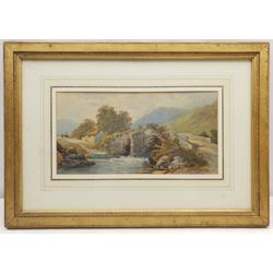 English School (19th/20th century): Anglers Crossing the Bridge - Titley North Welsh Border, watercolour unsigned 18cm x 35cm