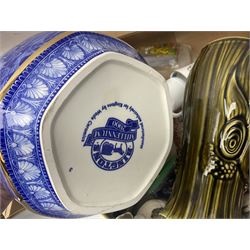 Sadler Celery face pot, Noritake planter, Ringtons blue and white jar, Royal commemorative ware, and a collection of other ceramics, in two boxes 