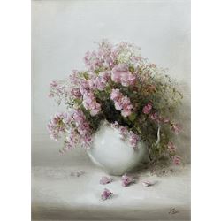 Judith Levin (British 1956-): Still Life of Pink Flowers, oil on canvas signed 39cm x 29cm 