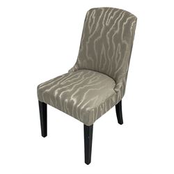 India Jane Interiors - two French design oak side chairs, moulded frame with cameo back, on turned and fluted supports; single side chair with curved back upholstered in shimmer silver fabric, on ebonised supports (3) - ex-display/bankruptcy stock 