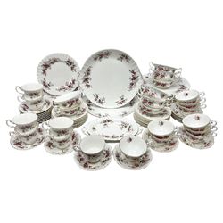 Royal Albert Lavender Rose pattern tea and dinner wares, to include, ten dinner plates, side plates, seven teacups and saucers, two large serving platters, etc