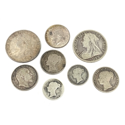 Two Queen Victoria half crowns dated 1895 and 1897, 1839 and 1865 one shilling coins, 1843 and 1871 sixpence pieces and two King Edward VII one shilling coins dated 1902 and 1918 (8)