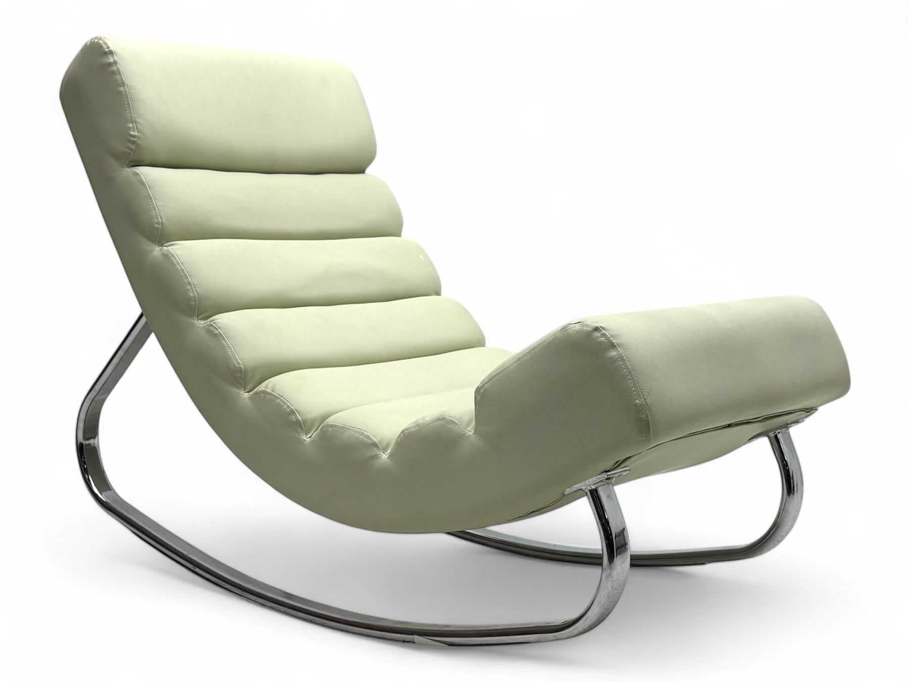 Cream leather modernist rocking chair, leather upholstery with horizontal channel stitching, supported by a chrome-plated tubular frame 