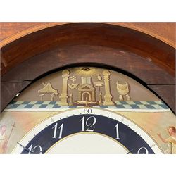 John Stonehouse of Leeds - mahogany 8-day longcase clock with a painted oval dial c1830, hood with a swans necked pediment and profuse contrasting inlay to both the hood and case, oval hood door with flanking pilasters and Corinthian capitals, conforming case with canted corners and short triple spire door, broad plinth with matching inlay and canted corners on shallow base, dial depicting masonic regalia, symbols, and pictorial depictions of the humanities, faith, hope, charity and righteousness, black chapter with white roman Arabic’s, date recorder and matching “crown” hands, dial pinned to a rack striking movement with a recoil anchor escapement, striking the hours on a coiled underslung gong. With weights and gridiron pendulum. 
This clock case is of large, impressive dimensions and was almost certainly commissioned for a large masonic lodge in Leeds, a rare and unique example.